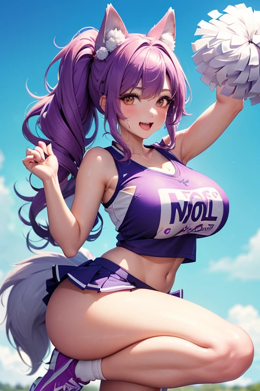 (((Wolf ))),(((Wolf girl))),anthro dog girl, body fur,cheerleader,HD,sharp,beautiful and detailed,woman ((anthro)),subdued Lavender color skin, ((long purple hair)),(((ojou curls))),(A woman sweating and dancing vigorously with her legs up:1.3)、(teal cheerleading miniskirt:1.2)、(holding a pom pom:1.2)、Cute smile with open mouth、(white sleeveless cheerleading shirt:1.4)、(White panties visible through the skirt)、(Stand on one leg:1.3),(holding pom poms:1.2), full body view, (detailed fluffy), spread legs,(laugh), (stadium stands),cowboy shot,dynamic pose,zettai ryouiki,skirt lift,white panties,dynamic angle,,by dr comet,by pochincoff, by jlullaby,by kingbang,by sparrow,by ZeroQrisu,wide hips, huge ass, huge round ass,Milf, huge breasts, thick thighs, curve,curvey,