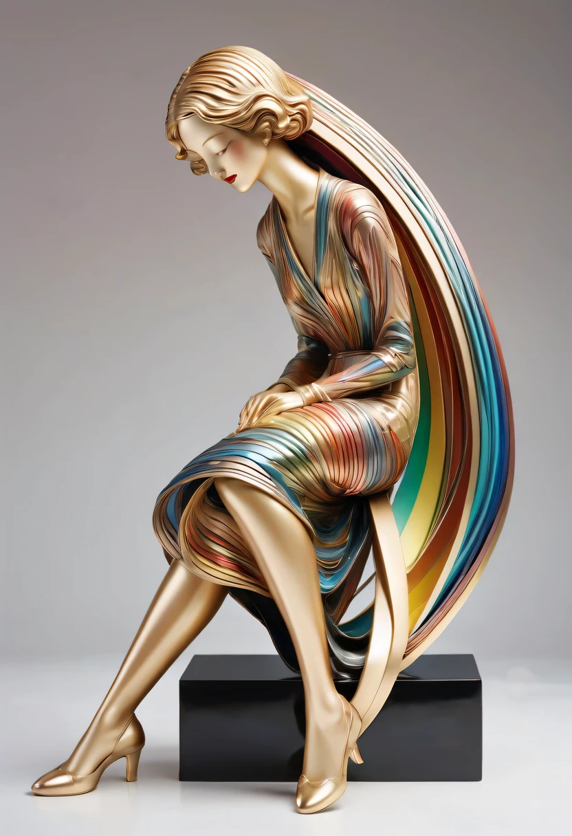 art deco design,golden beauty sculpture,streamline moderne,Rainbow metallic thread,perfect details,exquisite craftsmanship,twist,rotate,prosody,flight,Complex and gorgeous、bright colors、full of imagination、artistic。