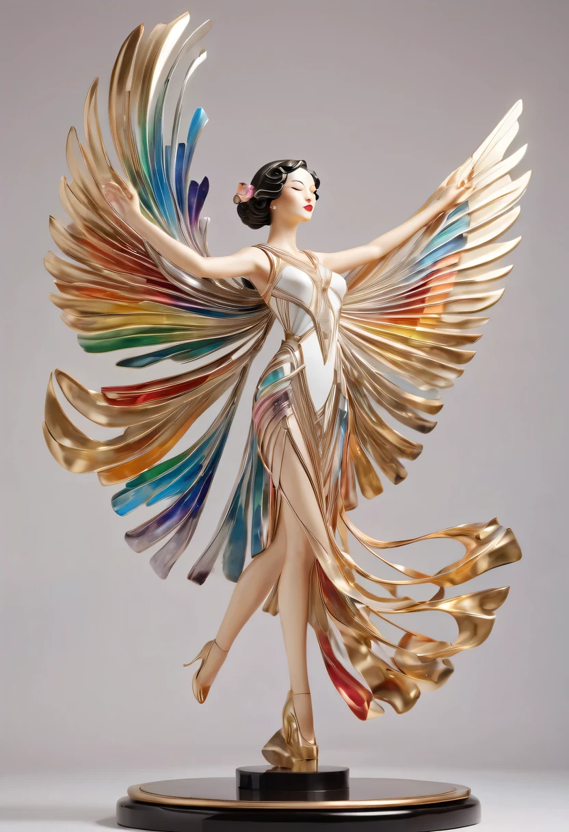 art deco design，golden beauty sculpture，streamline moderne，Rainbow metallic thread，perfect details，exquisite craftsmanship，twist，rotate，prosody，flight，Complex and gorgeous、bright colors、full of imagination、artistic。