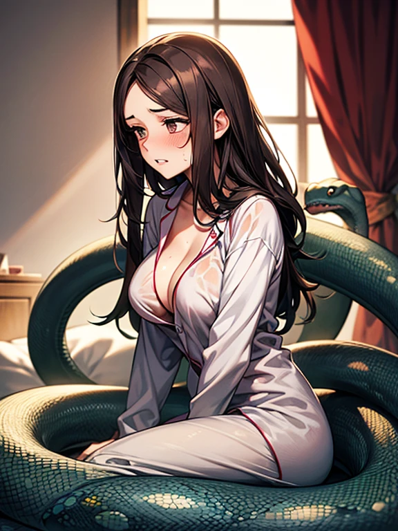 1girl, solo, (17-year-old), dark hair, long hair, bedroom bed in background, pajamas, white pajamas, (exposed breasts:1.0), sitting, spread my legs, (large breasts), cute,shy, blush, parted lips, (snakes 1.5),(surrounded by snakes), (anaconda), (big snake), (coiled snake:1.0),coils, (Snakes entangled with girls:1.0),night, looking away, (face to face:1.0), flustered face, surprised face ,wet skin, steam, cinematic angle, best quality,detailed,high resolution,
