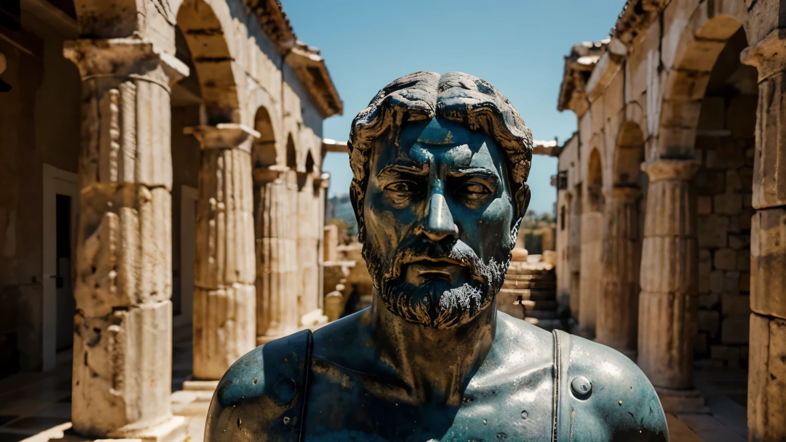 Ancient Stoic Statue With Very Angry Expression, tem barba, muitos detalhes em ambos os olhos, Outside, fundo atenas grego, open sky, com rosto extremamente detalhado full body view, Colors with low saturation with dark tone, Filmado em Sony A7S III com Sony FE 35mm f/1.8, 12.1 MP, --AR 3:2 --estilo cru
