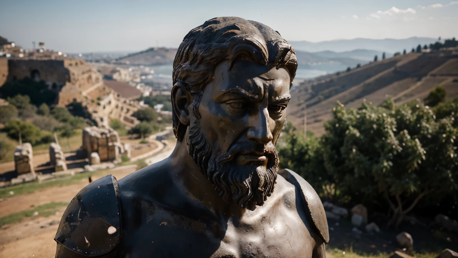 Ancient Stoic Statue With Very Angry Expression, tem barba, muitos detalhes em ambos os olhos, Outside, fundo atenas grego, open sky, com rosto extremamente detalhado full body view, Colors with low saturation with dark tone, Filmado em Sony A7S III com Sony FE 35mm f/1.8, 12.1 MP, --AR 3:2 --estilo cru