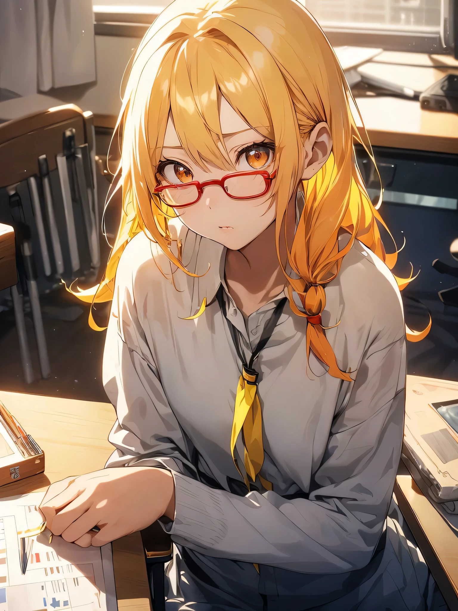 At night, The neon lights on the windowsill shine.、(((A woman living alone is studying at the desk on the left..))),room, (((There was no one but her)))、ネオンが幻想的におroomを照らします。Color is yellow,A girl with eyes more beautiful than the sky is staring at me from the side...anime style、graduate school、experiment、experiment室、理科のexperiment、engineering university student, (((1 female))), 22 years ago, Esbian, small and meager chest, Get angry、lemon、((bright yellow hair)), long hair, ((red eyes)), amber eyes、Red beautiful eyes, (natural skin texture 鮮やかなディテール, surreal, (realistic detailed eyes, natural skin texture, realistic facial details), soft and dramatic lighting, ((lemonがテーマ)),Glasses,sitting in a chair、spread your legs wide,staring at the desk。concentrating on the computer,face is close,(((extreme close up))),Hands behind your back、put your hands behind your back