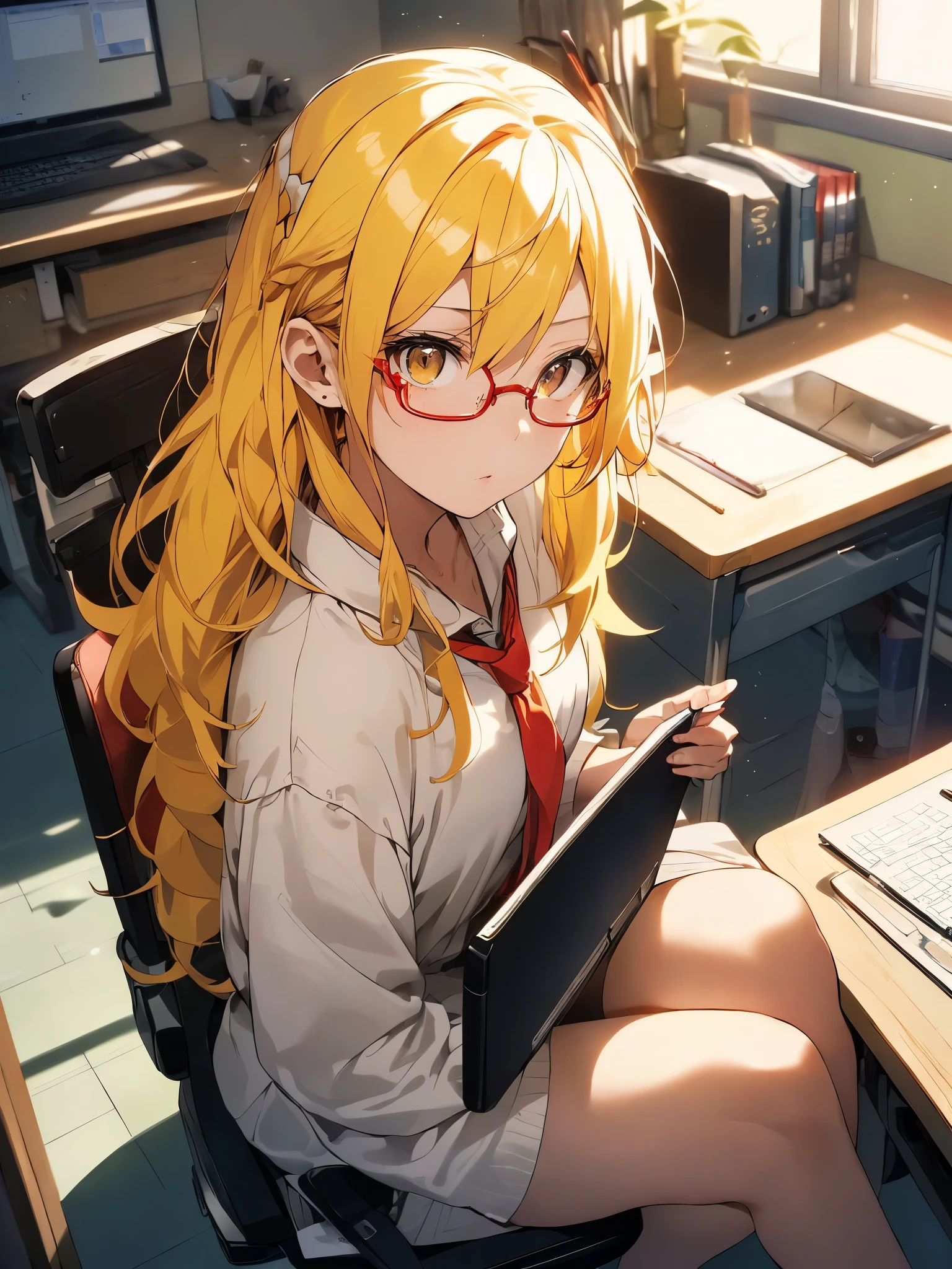 At night, the neon lights on the windowsills shine.、(((A woman living alone is studying at the desk on the left.))),room, (((There was no one but her)))、ネオンが幻想的におroomを照らします。color is yellow,A girl with eyes more beautiful than the sky is staring at me from the side..anime style、graduate School、experiment、experiment室、理科のexperiment、technical university students, (((1 female))), 22 years old, Esbian, small and poor chest, Get angry、lemon、((bright yellow hair)), long hair, ((red eyes)), amber eyes、Red beautiful eyes, (natural skin texture 鮮やかなディテール, surreal, (realistic detailed eyes, natural skin texture, realistic facial details), soft and dramatic lighting, ((lemonがテーマ)),Glasses,sitting in a chair、Legs wide open,staring at the desk。concentrating on the computer,face is close,(((extreme close up))),both hands are behind the back、put your hands behind your back