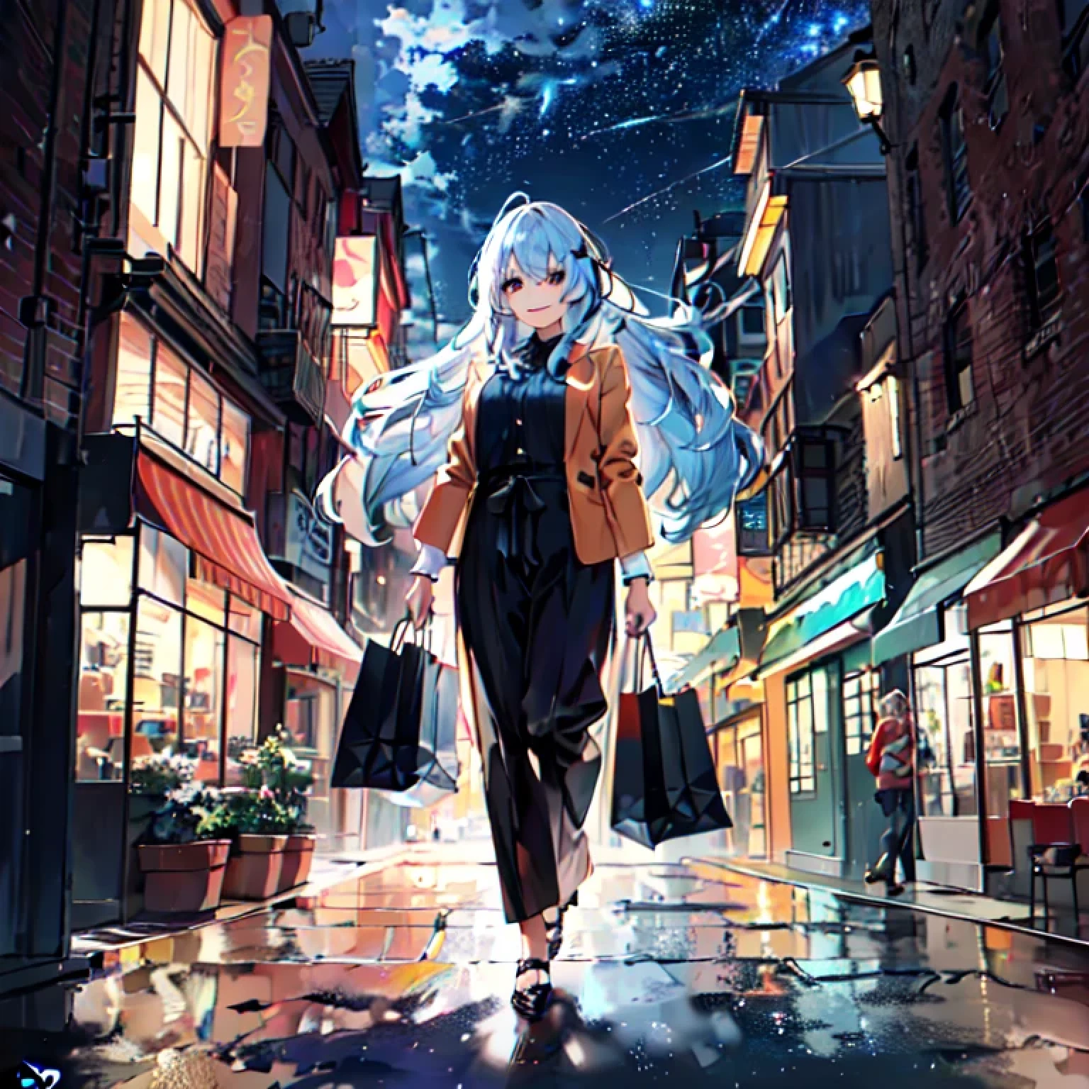 (best quality,4K,8k,high resolution,masterpiece:1.2),Super detailed,(actual,photoactual,photo-actual:1.37),Sunset,City,city center,shopping center,long hair girl,twilight, bright colors, sparkling lights, bustling street, modern architecture, Chic and stylish, Fashionistas, Window shopping, fashion boutique, Beautiful display, fashionable clothing, fashion accessor, perfect hair, bright smile, happy atmosphere, Street performers, elegant walkway, Energetic energy, Warm colors, soft shadow, breeze, There are stars in the eyes, Messy and flowing hair, Colored inner hair, Starry sky dots hair, depth of field,