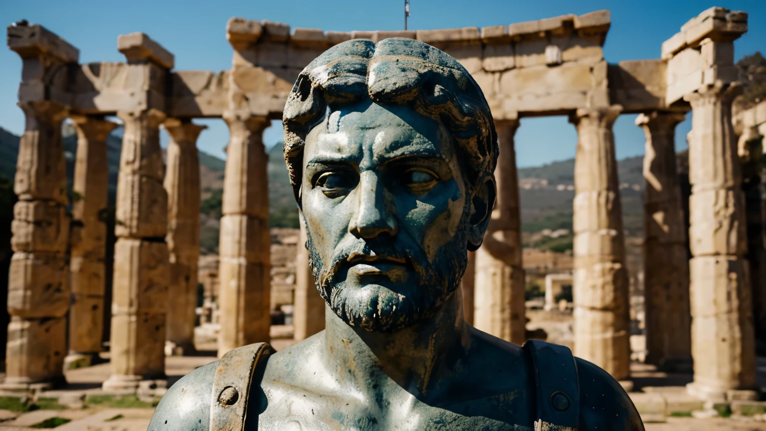 Ancient Stoic Statue With Very Angry Expression, tem barba, muitos detalhes em ambos os olhos, Outside, fundo atenas grego, open sky, com rosto extremamente detalhado full body view, Colors with low saturation with dark tone, Filmado em Sony A7S III com Sony FE 35mm f/1.8, 12.1 MP, --AR 3:2 --estilo cru