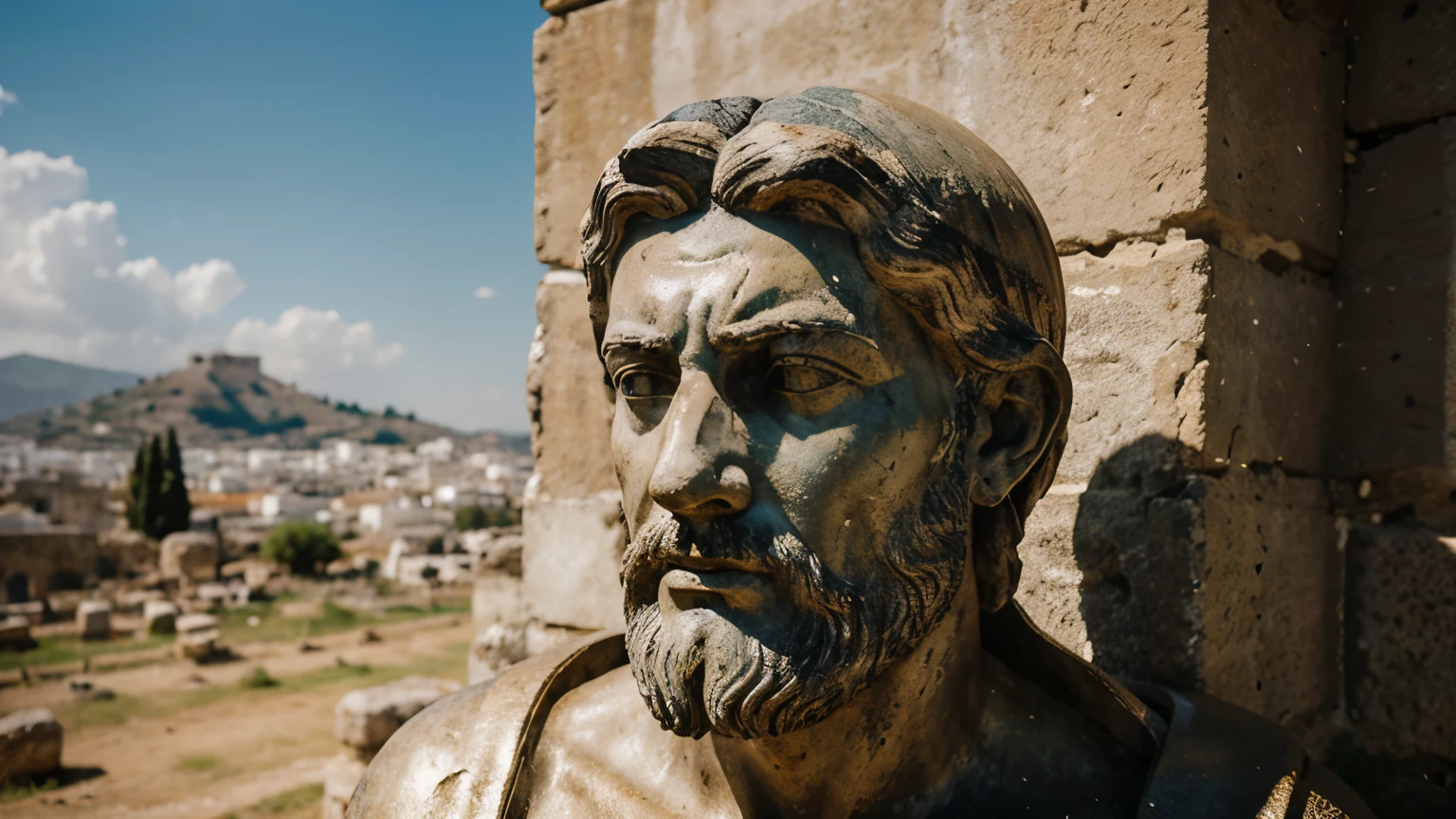 Ancient Stoic Statue With Very Angry Expression, tem barba, muitos detalhes em ambos os olhos, Outside, fundo atenas grego, open sky, com rosto extremamente detalhado full body view, Colors with low saturation with dark tone, Filmado em Sony A7S III com Sony FE 35mm f/1.8, 12.1 MP, --AR 3:2 --estilo cru