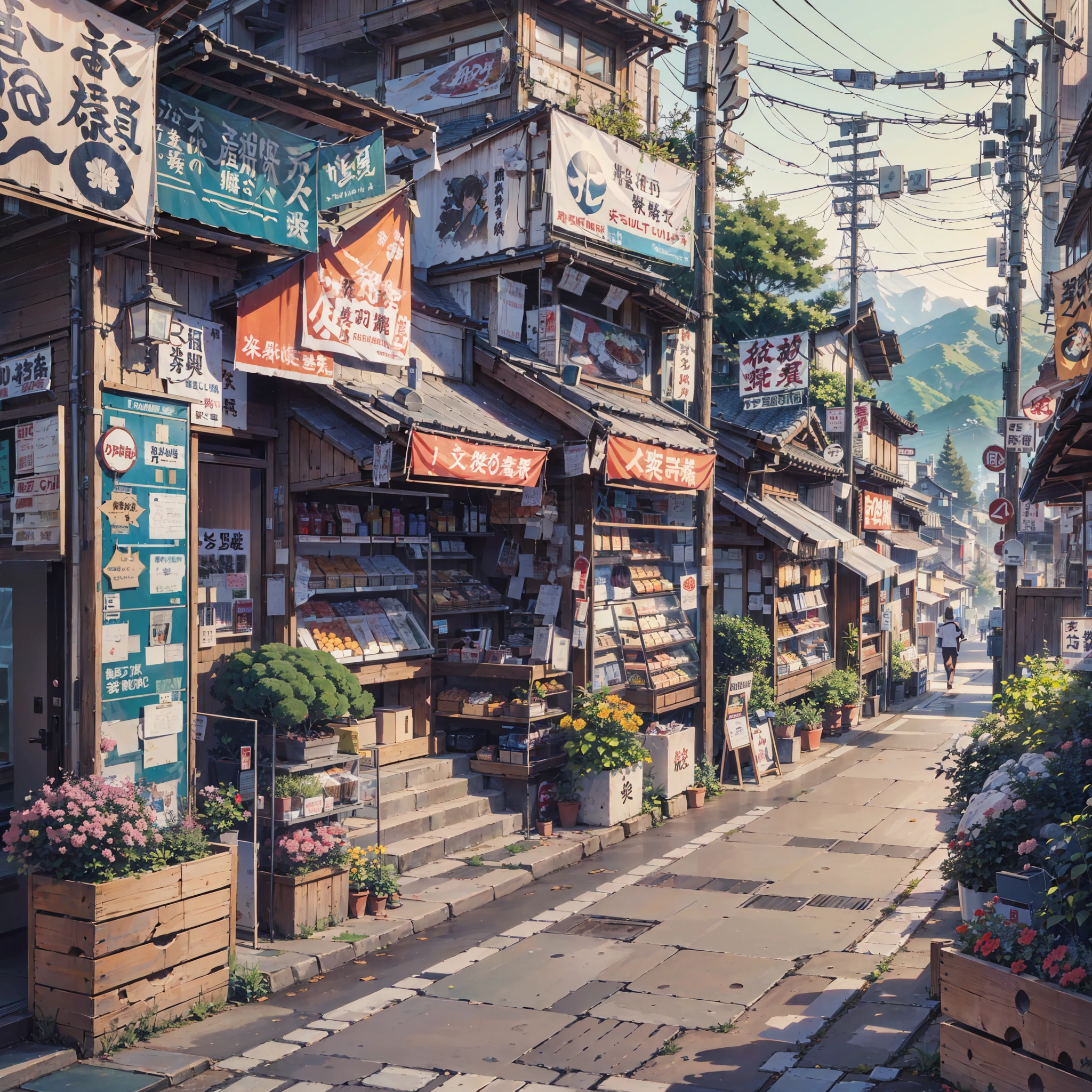 anime background, anime wallpaper, anime, anime style, lofi, lofi style, modern japanese street, mountains, uphill, modern japanese architecture, japanese convenience store, big retro japanese shop signs, retro japanese store, trees, plants, rocks, plant pots, shop signs, japanese banners, japanese signs, flags, empty street, no one in sight, (no one: 1), best quality, wide view, street going uphill, buildings tight together, night time, night
