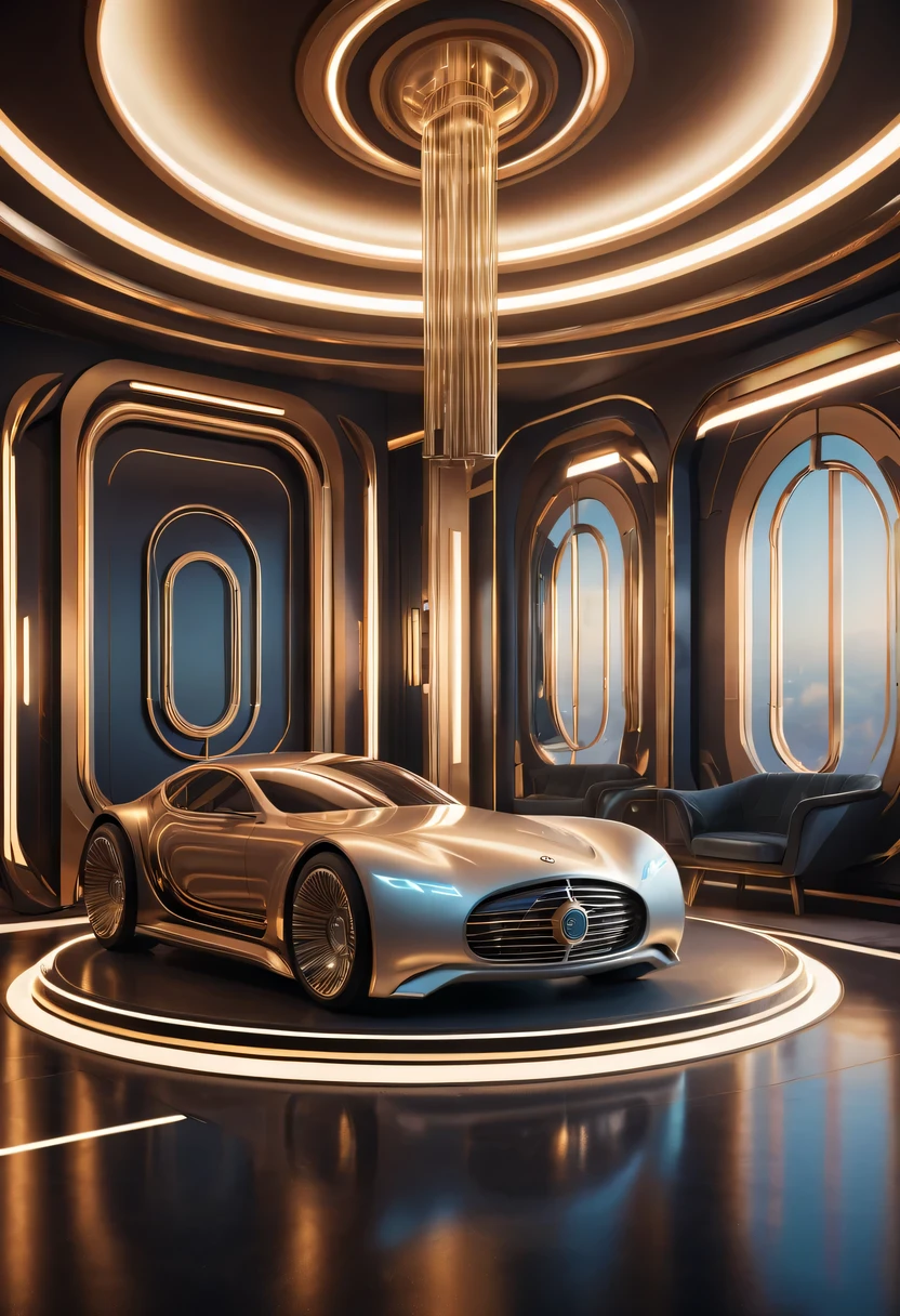 art deco design， futuristic room,Abstraction，modern style，Luxury and Luxury，Futuristic decorative elements，Metallic，number line，sci-fi lamp，Virtual Engine，rendering