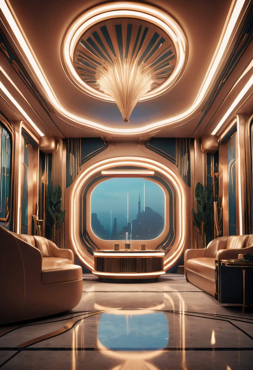 art deco design， futuristic room,streamline moderne，Abstraction，modern style，Luxury and Luxury，Futuristic decorative elements，Metallic，number line，sci-fi lamp，Virtual Engine，Unreal rendering