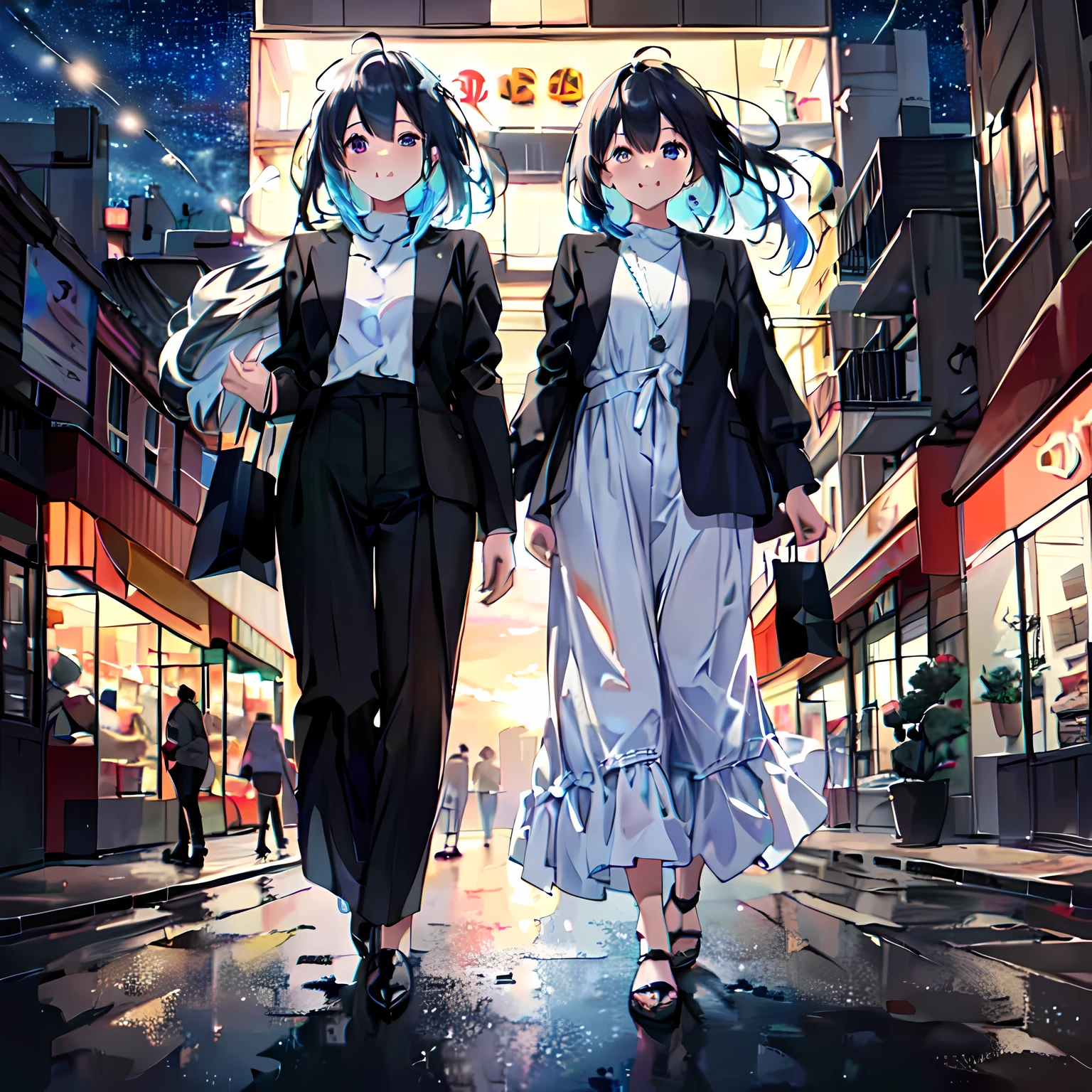 (best quality,4K,8k,high resolution,masterpiece:1.2),Super detailed,(actual,photoactual,photo-actual:1.37),Sunset,City,city center,shopping center,long hair girl,twilight, bright colors, sparkling lights, bustling street, modern architecture, Chic and stylish, Fashionistas, Window shopping, fashion boutique, Beautiful display, fashionable clothing, fashion accessor, perfect hair, bright smile, happy atmosphere, Street performers, elegant walkway, Energetic energy, Warm colors, soft shadow, breeze, There are stars in the eyes, Messy and flowing hair, Colored inner hair, Starry sky dots hair, depth of field,