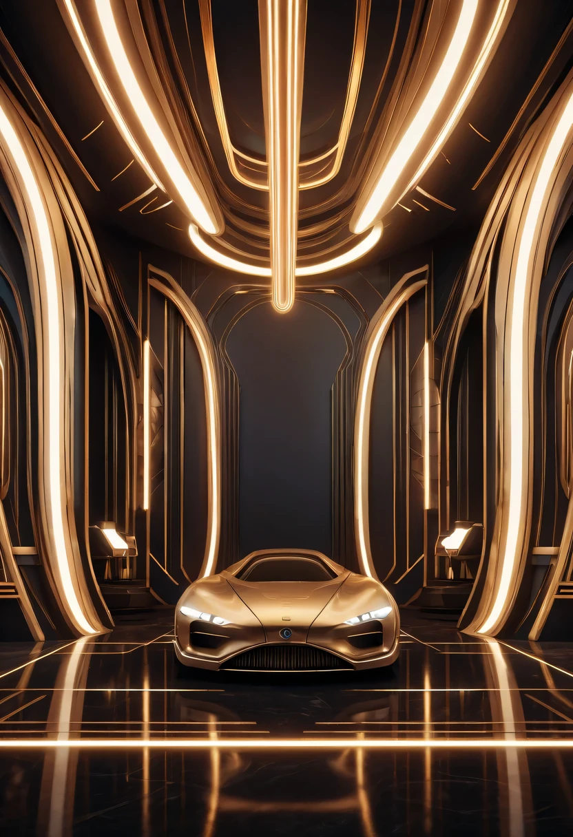 art deco design， futuristic room,Abstraction，modern style，Luxury and Luxury，Futuristic decorative elements，Metallic，number line，sci-fi lamp，Virtual Engine，rendering