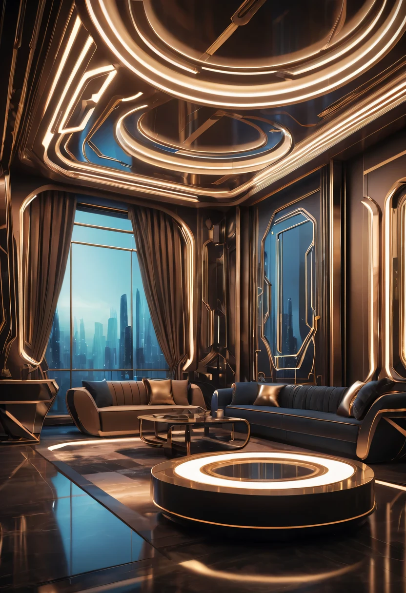 art deco design， futuristic room,Abstraction，modern style，Luxury and Luxury，Futuristic decorative elements，Metallic，number line，sci-fi lamp，Virtual Engine，rendering