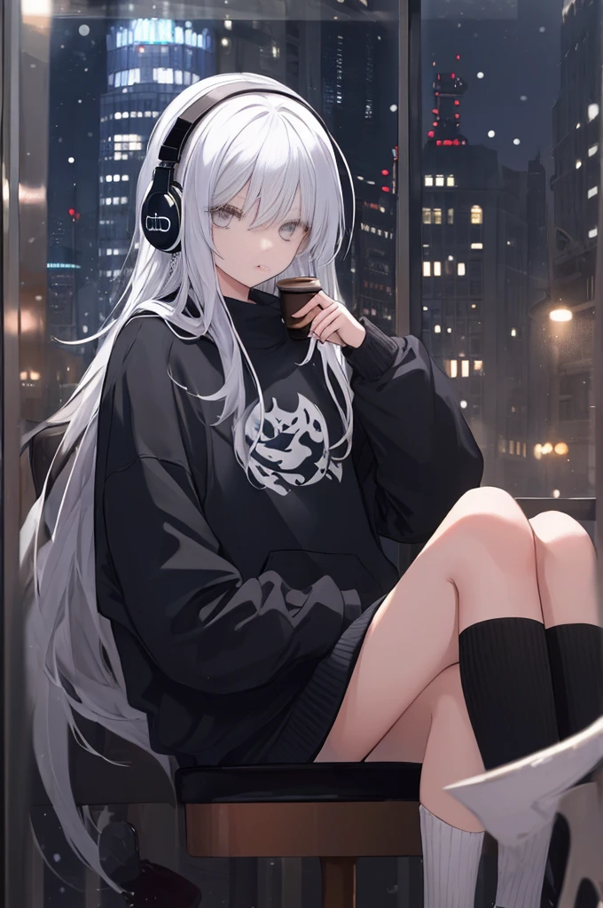((masterpiece:1.4, best quality:1.2)), 1girl, solo focus, beautiful skin, sweatshirt, very long white hair, grey eyes, black legwear, sitting, earrings, piercing, coffee shop window, night, snowing, cityscape, tall female, beautiful and delicate female, comfy ambience, {correct posing}, {detailed background}, a miniskirt, headphones on the head