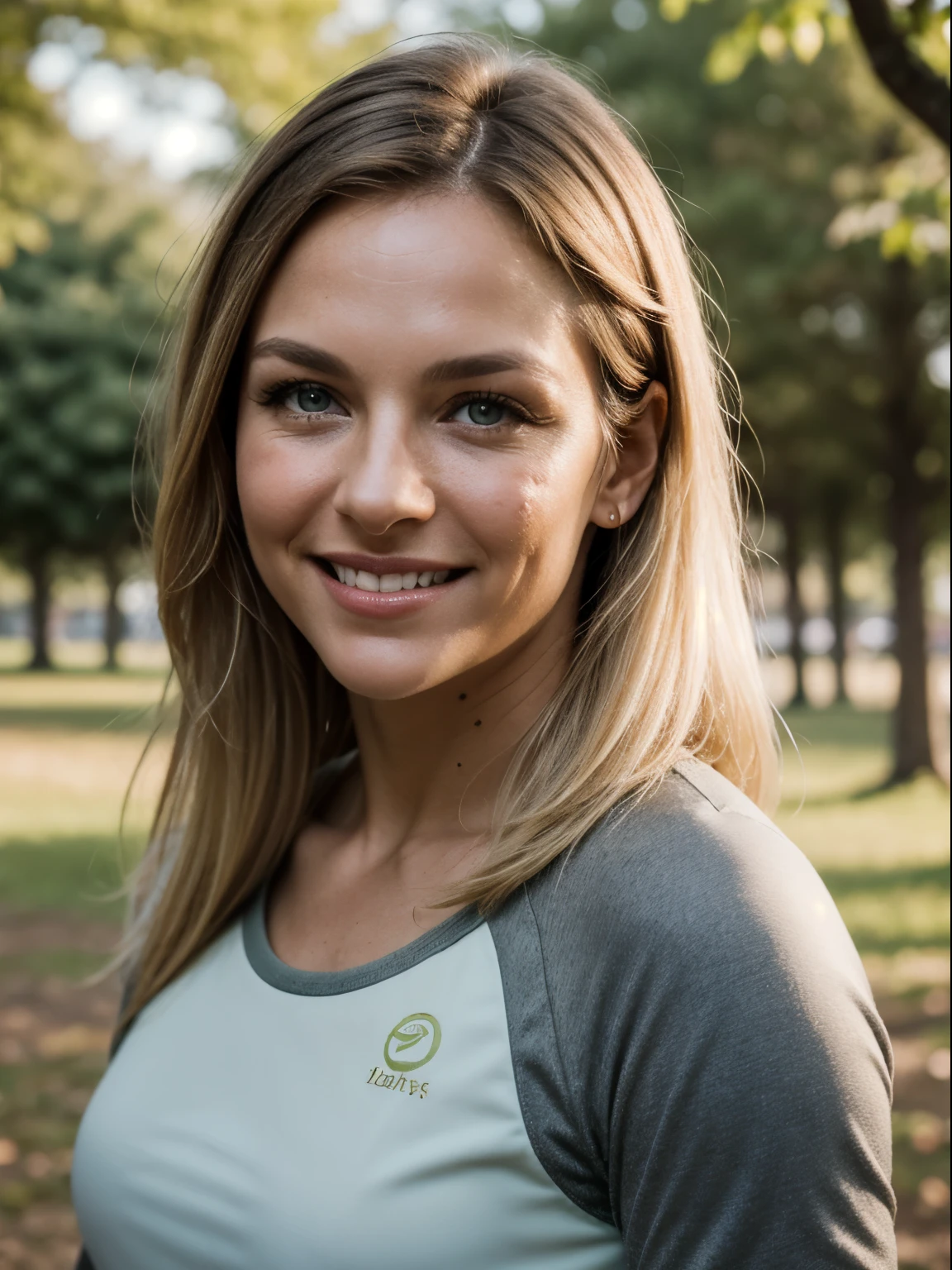 Photograph of a 45-year-old woman, golden blonde hair, the hair is 50cm long, petrol coloured eyes, perfect face, masterpiece, instaphoto, a birthmark on my right cheek, photorealistic, 8 THOUSAND, A gentle smile, brown fitness outfit, standing in the park, trees in the background