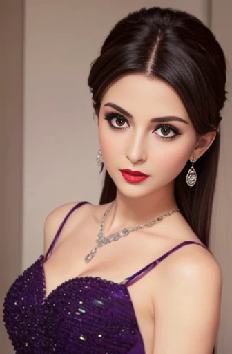 Lebanese woman, diamond dangling earrings, necklace, bracelets, small breasts, 40 years old, smokey eyes, cleavages, red lips, innocent face, pirple fashion ball gown, stylish hairstyle, posing, modeling,