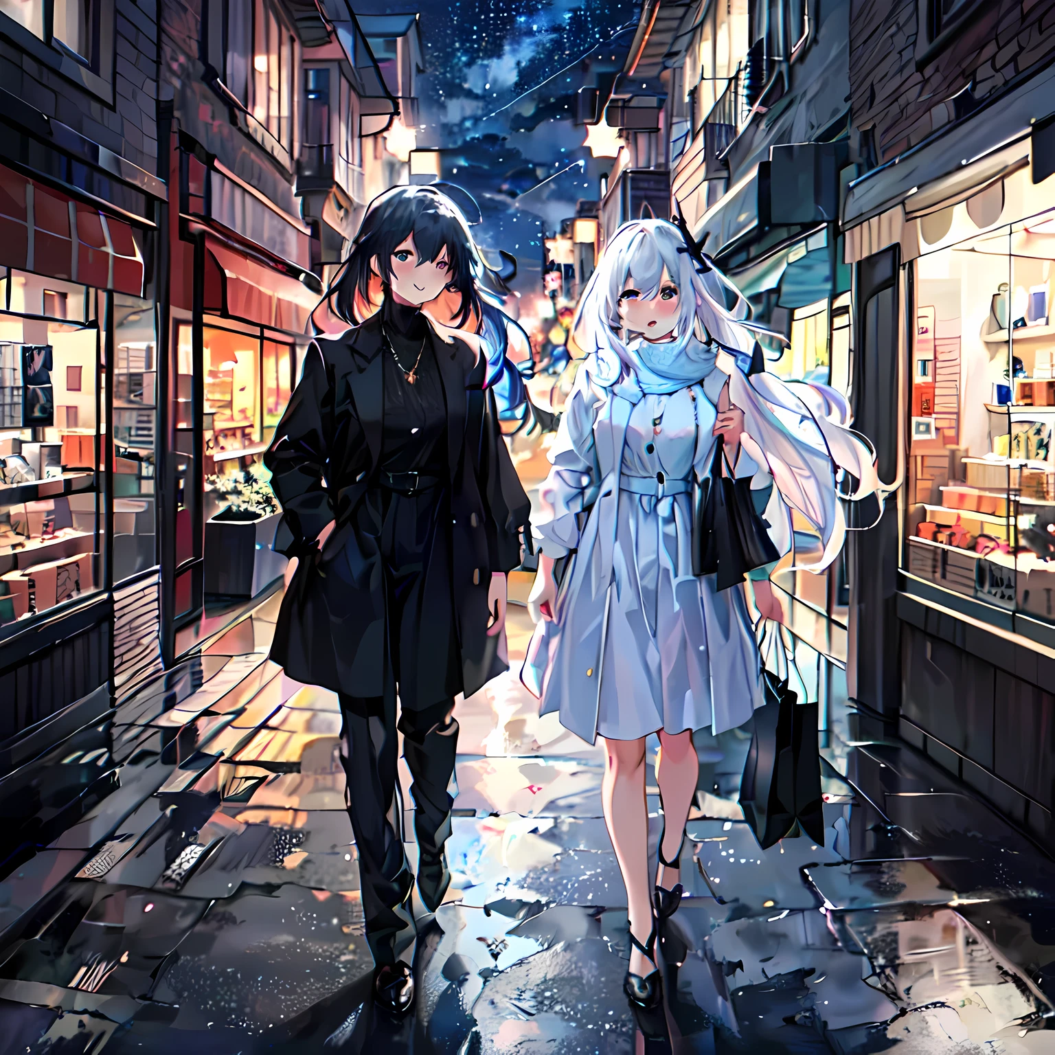 (best quality,4K,8k,high resolution,masterpiece:1.2),Super detailed,(actual,photoactual,photo-actual:1.37),Sunset,City,city center,shopping center,long hair girl,twilight, bright colors, sparkling lights, bustling street, modern architecture, Chic and stylish, Fashionistas, Window shopping, fashion boutique, Beautiful display, fashionable clothing, fashion accessor, perfect hair, bright smile, happy atmosphere, Street performers, elegant walkway, Energetic energy, Warm colors, soft shadow, breeze, There are stars in the eyes, Messy and flowing hair, Colored inner hair, Starry sky dots hair, depth of field,
