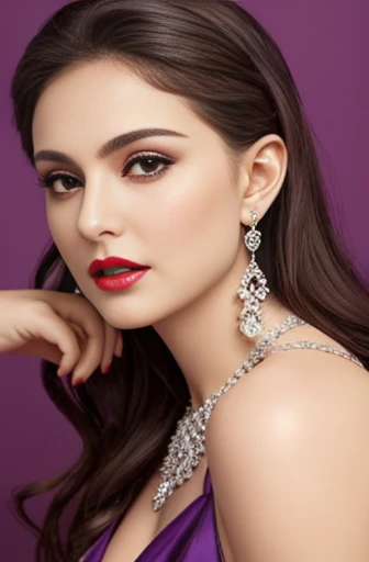 Lebanese woman, diamond dangling earrings, necklace, bracelets, small breasts, 40 years old, smokey eyes, cleavages, red lips, innocent face, pirple fashion ball gown, stylish hairstyle, posing, modeling,