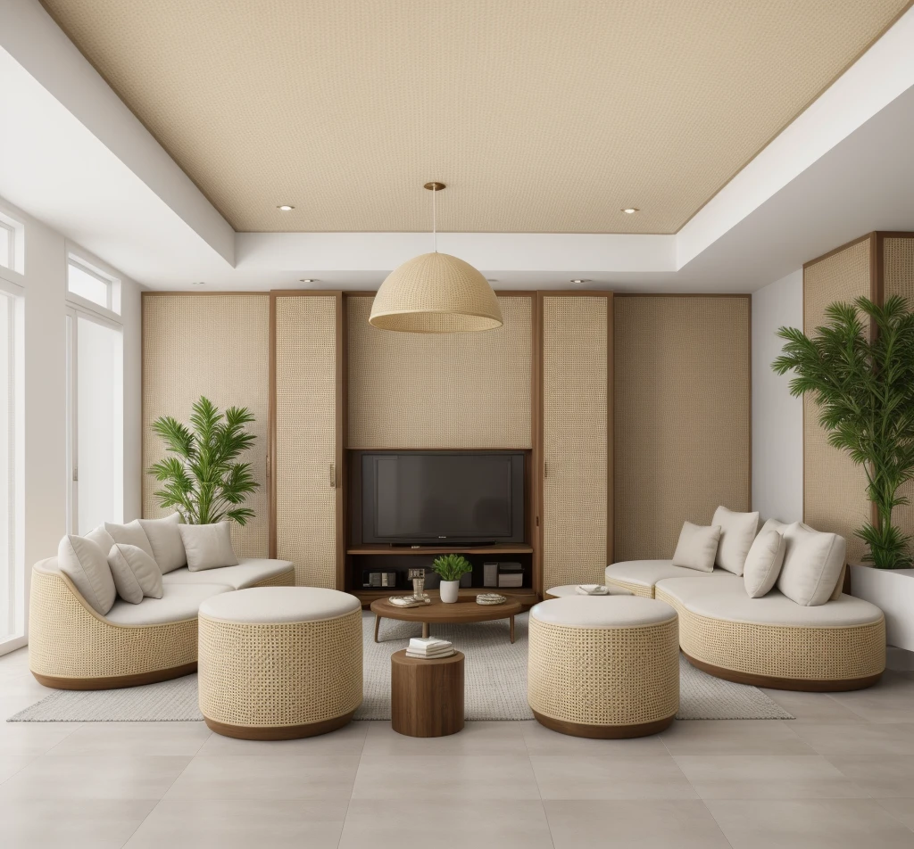 Real photo, modern livingroom with morden rattan funiture, 1 TV:1.3, rattan celling:1.1, gorgeous design, modern style, shadows, volumetric lighting, shadows, high-end photography, fidelity, bright details, sharp, unique, winning photography award, Canon EOS 5D Mark IV DSLR camera, f/ 6 , ISO 100, 1/250 sec, uhd, 8k, natural soft light Of course, best quality, Super high resolution, floor made from Honed Brick Bond Tiles Cappuccino Marble Texture:1.2, morden rattan funiture:1., 1 tea table with surface made from marble and body made from rattan 