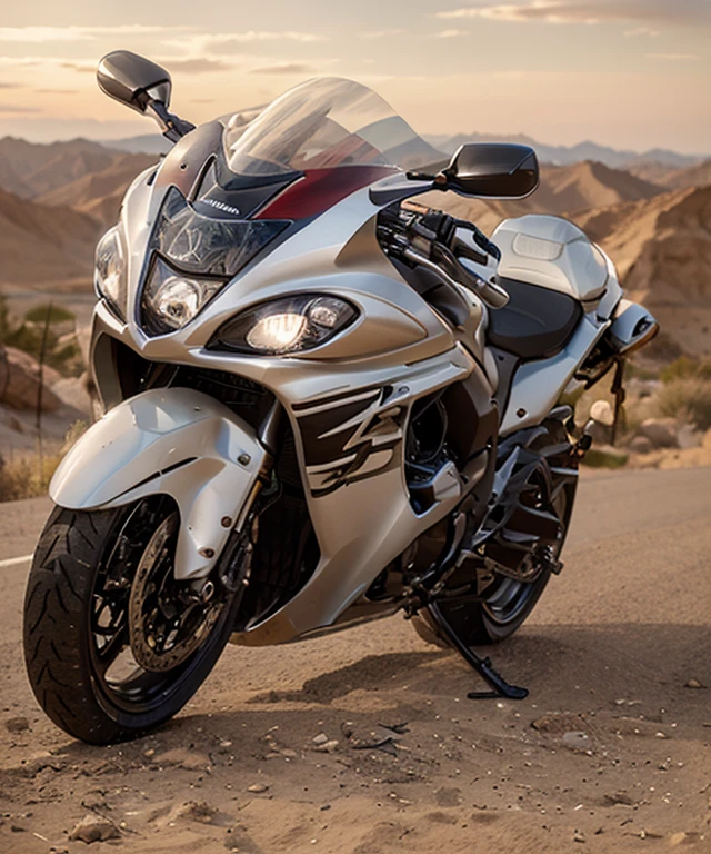 futuristic hayabusa motorcycle in a desert landscape, motorcycle in white color, single object, contoured shading, cinematic, high resolution, perfect, cinematic, details