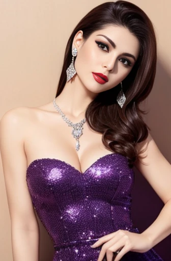 Lebanese woman, diamond dangling earrings, necklace, bracelets, small breasts, 40 years old, smokey eyes, cleavages, red lips, innocent face, pirple fashion ball gown, stylish hairstyle, posing, modeling,