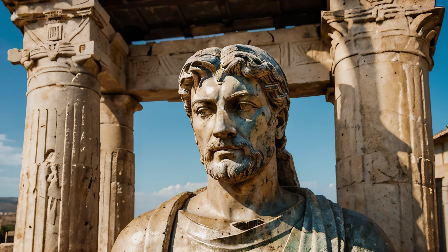 Ancient Stoic Statue With Very Angry Expression, tem barba, muitos detalhes em ambos os olhos, Outside, fundo atenas grego, open sky, com rosto extremamente detalhado full body view, Colors with low saturation with dark tone, Filmado em Sony A7S III com Sony FE 35mm f/1.8, 12.1 MP, --AR 3:2 --estilo cru