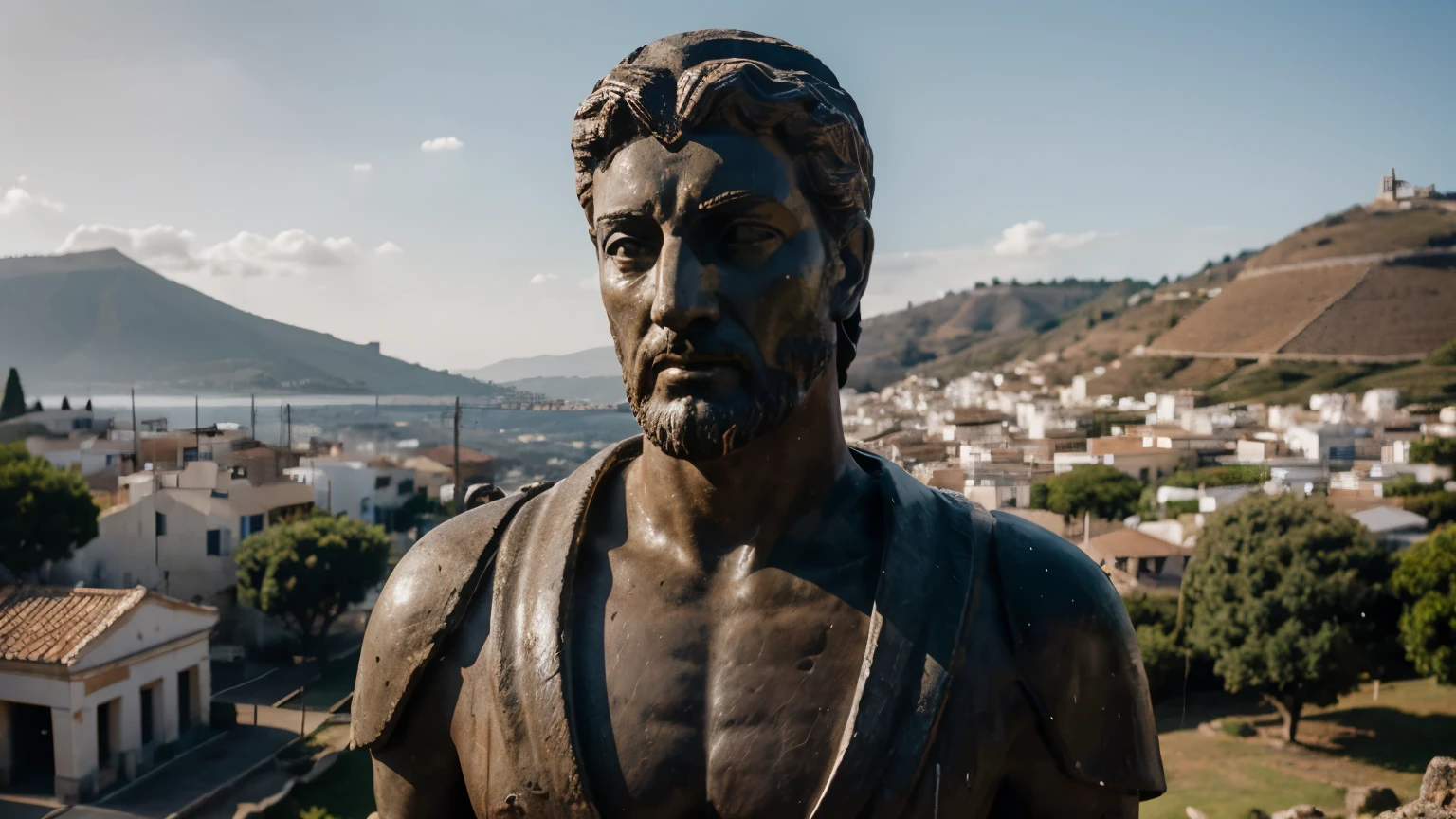 Ancient Stoic Statue With Very Angry Expression, tem barba, muitos detalhes em ambos os olhos, Outside, fundo atenas grego, open sky, com rosto extremamente detalhado full body view, Colors with low saturation with dark tone, Filmado em Sony A7S III com Sony FE 35mm f/1.8, 12.1 MP, --AR 3:2 --estilo cru
