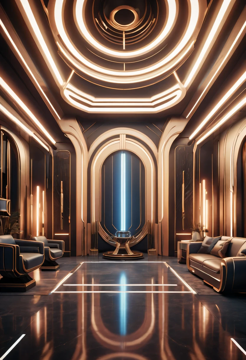 art deco design, futuristic room,Abstraction,modern style,Luxury and Luxury,Futuristic decorative elements,Metallic,number line,sci-fi lamp,Virtual Engine,rendering