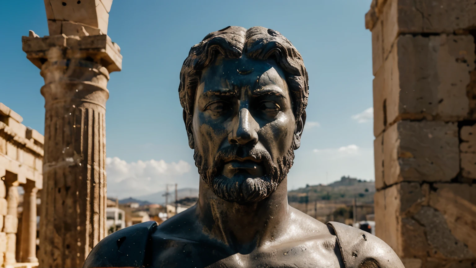 Ancient Stoic Statue With Very Angry Expression, tem barba, muitos detalhes em ambos os olhos, Outside, fundo atenas grego, open sky, com rosto extremamente detalhado full body view, Colors with low saturation with dark tone, Filmado em Sony A7S III com Sony FE 35mm f/1.8, 12.1 MP, --AR 3:2 --estilo cru