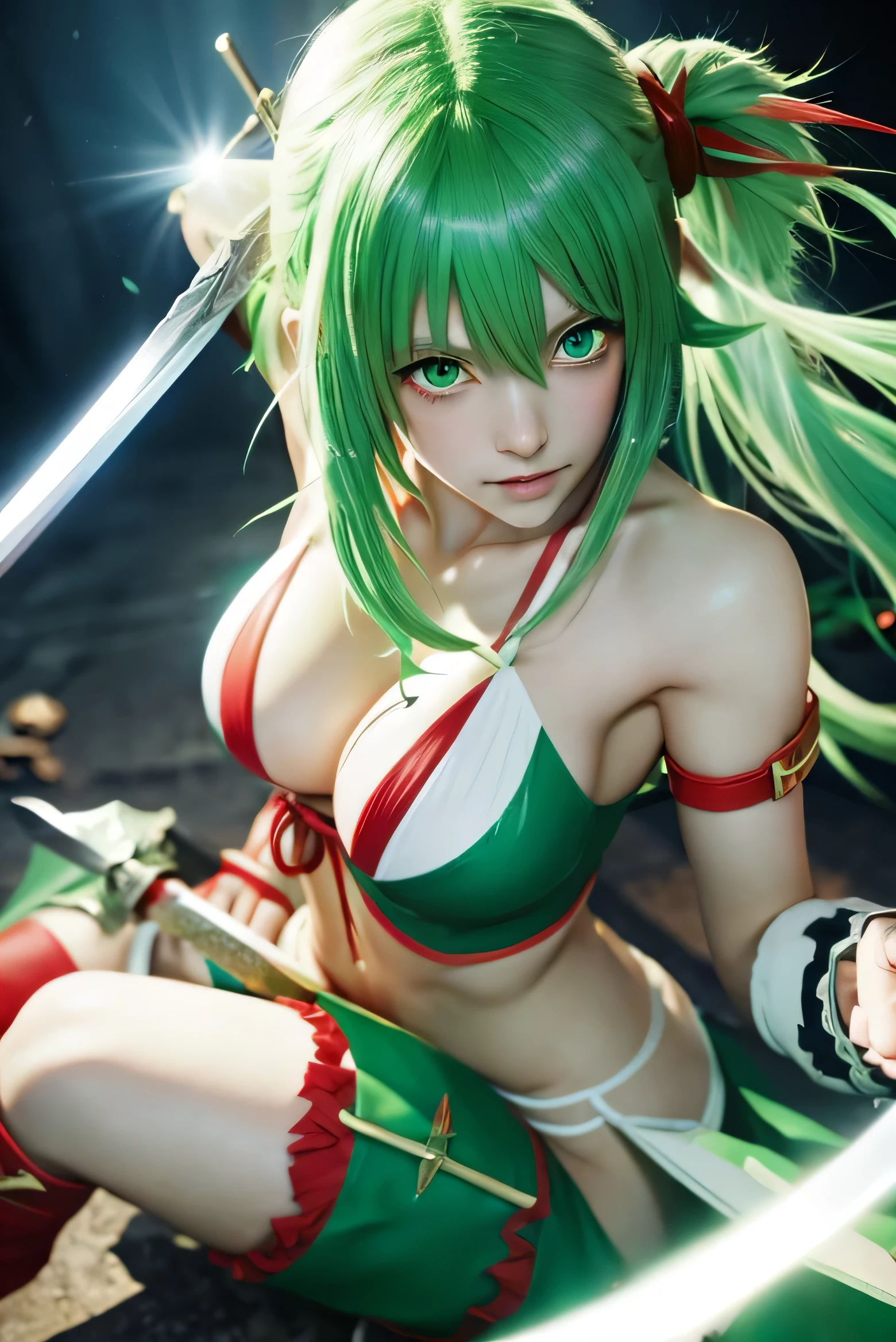 Anime with green hair, red boots, white bikini with sword,A girl suffering from being stabbed with a sword,bleed,knife in chest,Fight,2. 5D CGI Anime Fantasy Artwork