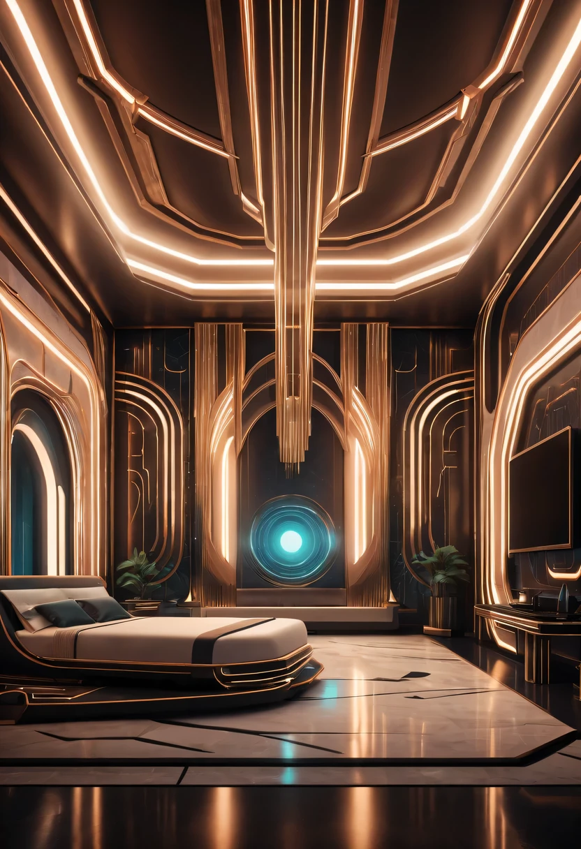 art deco design, futuristic room,Abstraction,modern style,Luxury and Luxury,Futuristic decorative elements,Metallic,number line,sci-fi lamp,Virtual Engine,rendering