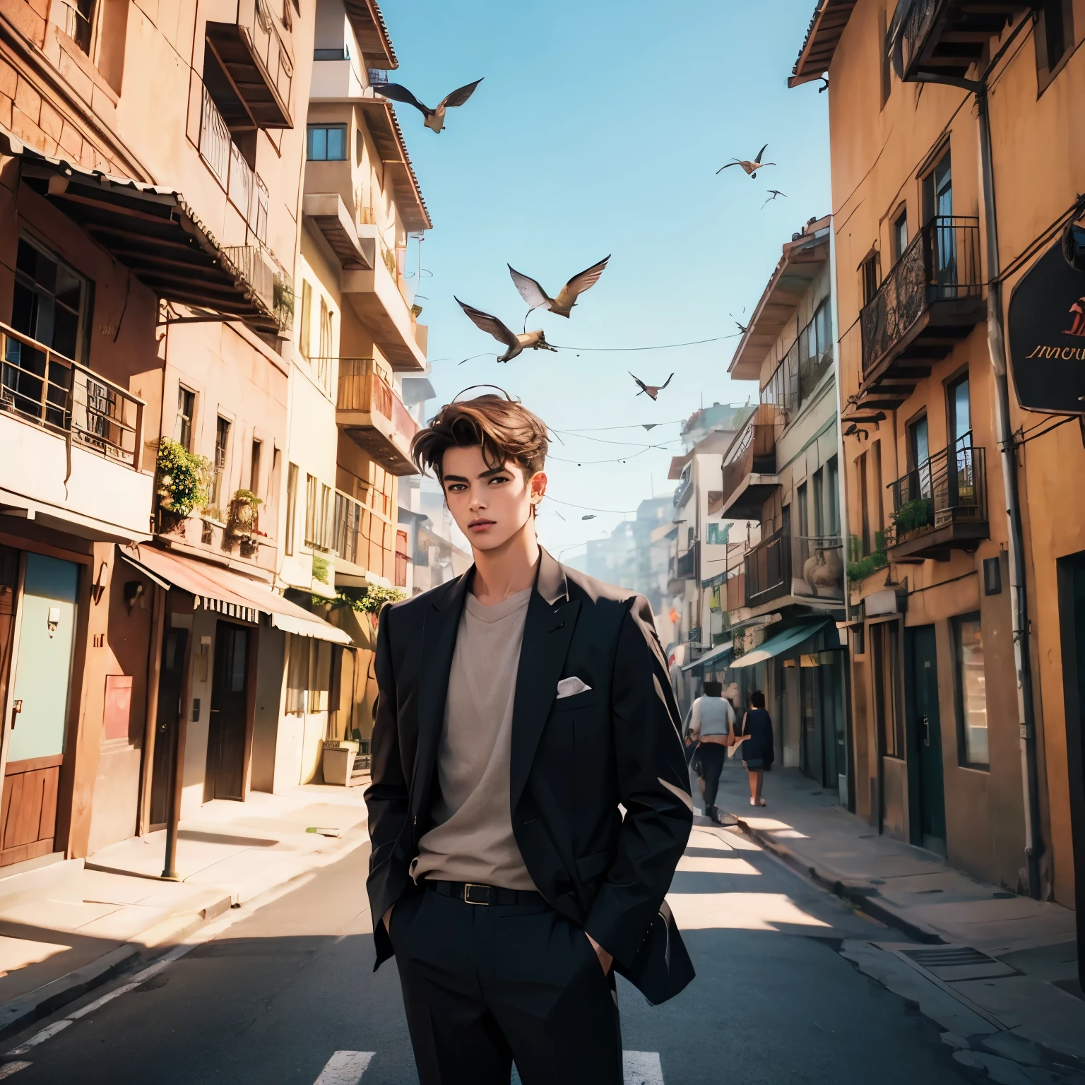 A boy in modern clothing in the background is an older looking city with hummingbirds flying by