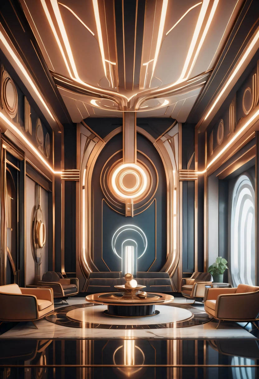art deco design, futuristic room,Abstraction,modern style,Luxury and Luxury,Futuristic decorative elements,Metallic,number line,sci-fi lamp,Virtual Engine,rendering