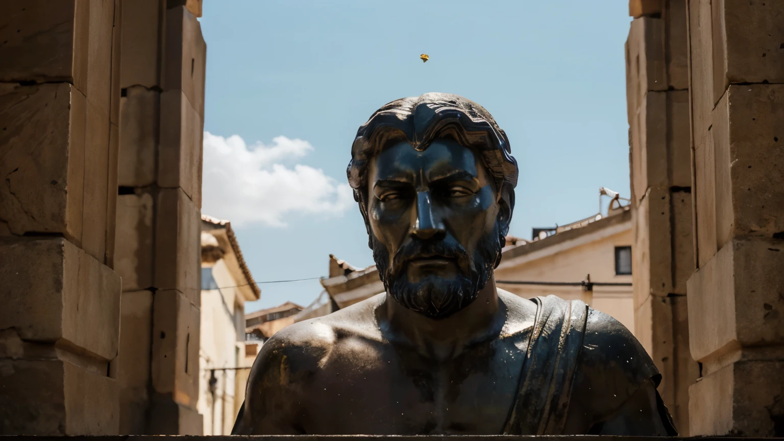 Ancient Stoic Statue With Very Angry Expression, tem barba, muitos detalhes em ambos os olhos, Outside, fundo atenas grego, open sky, com rosto extremamente detalhado full body view, Colors with low saturation with dark tone, Filmado em Sony A7S III com Sony FE 35mm f/1.8, 12.1 MP, --AR 3:2 --estilo cru