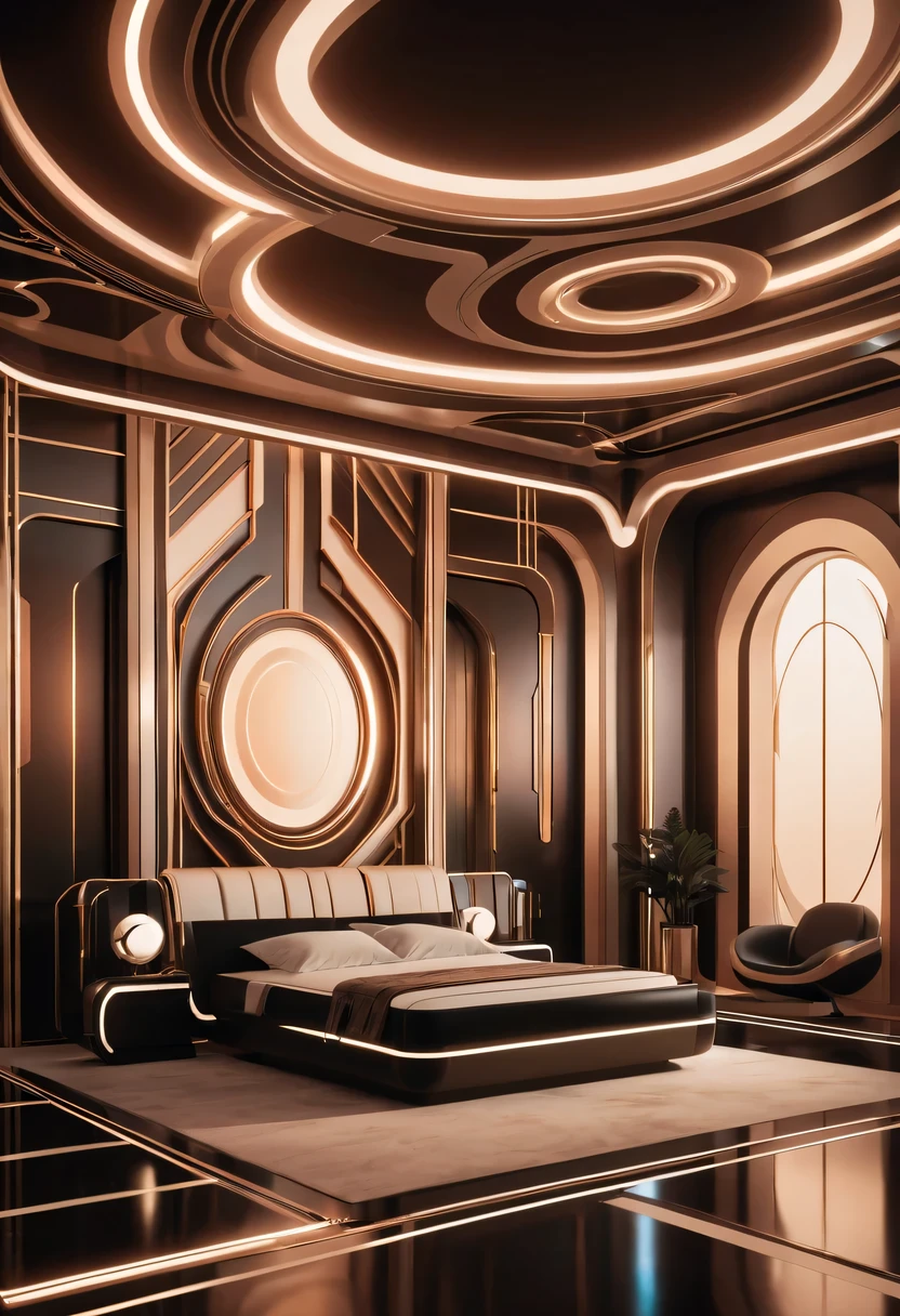 art deco design， futuristic room,Abstraction，modern style，Luxury and Luxury，Futuristic decorative elements，Metallic，number line，sci-fi lamp，Virtual Engine，rendering