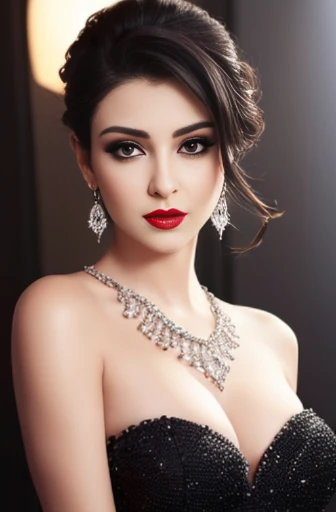 Lebanese woman, diamond dangling earrings, necklace, bracelets, small breasts, 40 years old, smokey eyes, cleavages, red lips, innocent face, black fashion ball gown, stylish hairstyle, posing, modeling,