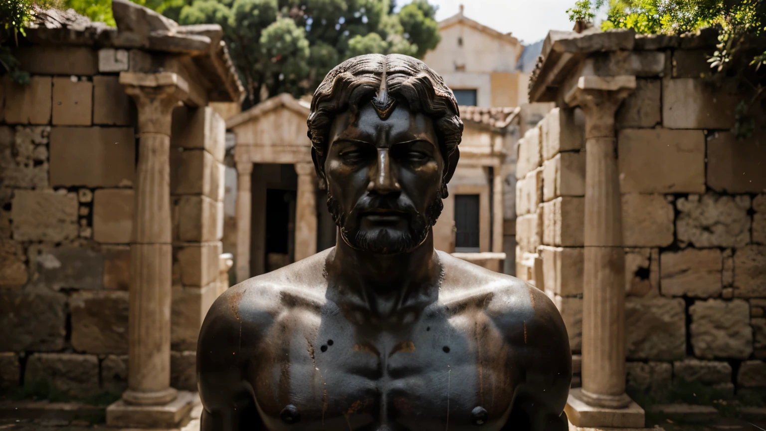 Ancient Stoic Statue With Very Angry Expression, tem barba, muitos detalhes em ambos os olhos, Outside, fundo atenas grego, open sky, com rosto extremamente detalhado full body view, Colors with low saturation with dark tone, Filmado em Sony A7S III com Sony FE 35mm f/1.8, 12.1 MP, --AR 3:2 --estilo cru