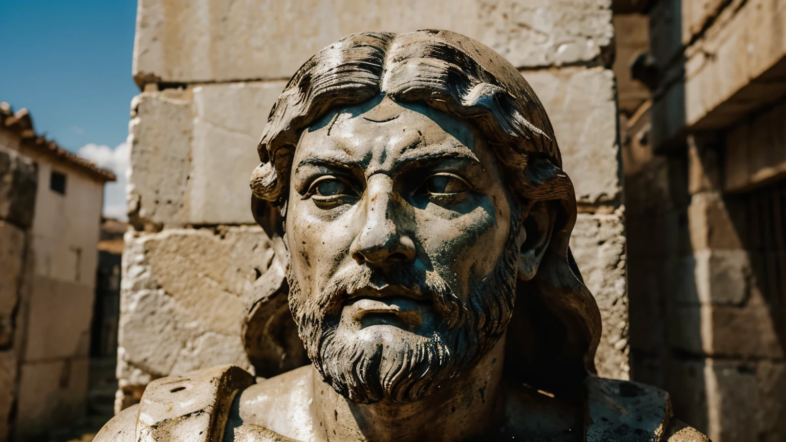 Ancient Stoic Statue With Very Angry Expression, tem barba, muitos detalhes em ambos os olhos, Outside, fundo atenas grego, open sky, com rosto extremamente detalhado full body view, Colors with low saturation with dark tone, Filmado em Sony A7S III com Sony FE 35mm f/1.8, 12.1 MP, --AR 3:2 --estilo cru