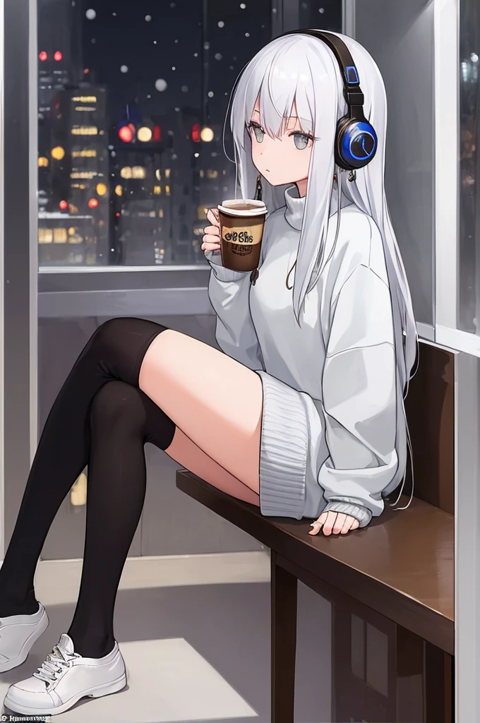 ((masterpiece:1.4, best quality:1.2)), 1girl, solo focus, beautiful skin, sweatshirt, very long white hair, grey eyes, black legwear, sitting, earrings, piercing, coffee shop window, night, snowing, cityscape, tall female, beautiful and delicate female, comfy ambience, {correct posing}, {detailed background}, a miniskirt, headphones on the head