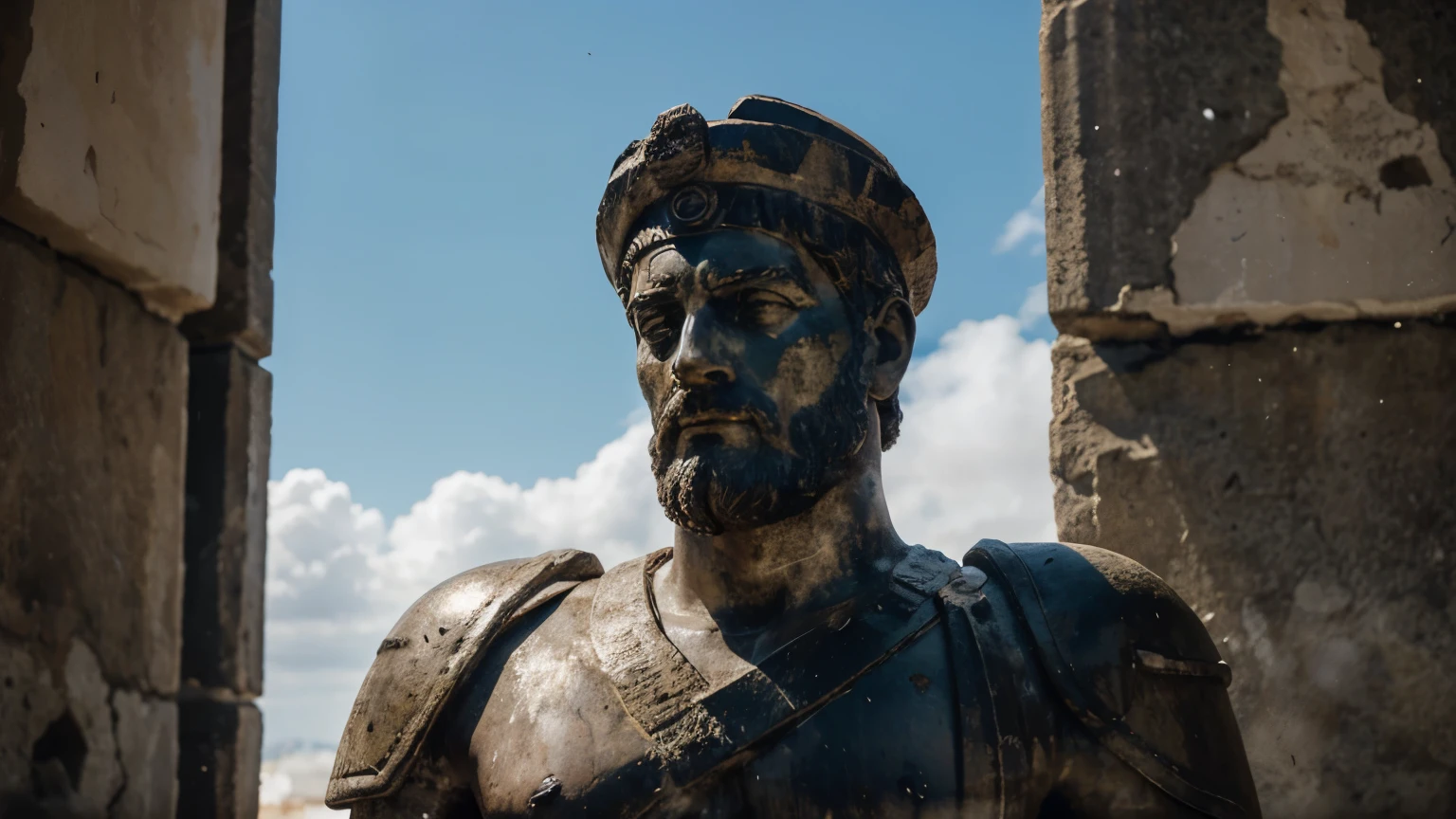 Ancient Stoic Statue With Very Angry Expression, tem barba, muitos detalhes em ambos os olhos, Outside, fundo atenas grego, open sky, com rosto extremamente detalhado full body view, Colors with low saturation with dark tone, Filmado em Sony A7S III com Sony FE 35mm f/1.8, 12.1 MP, --AR 3:2 --estilo cru