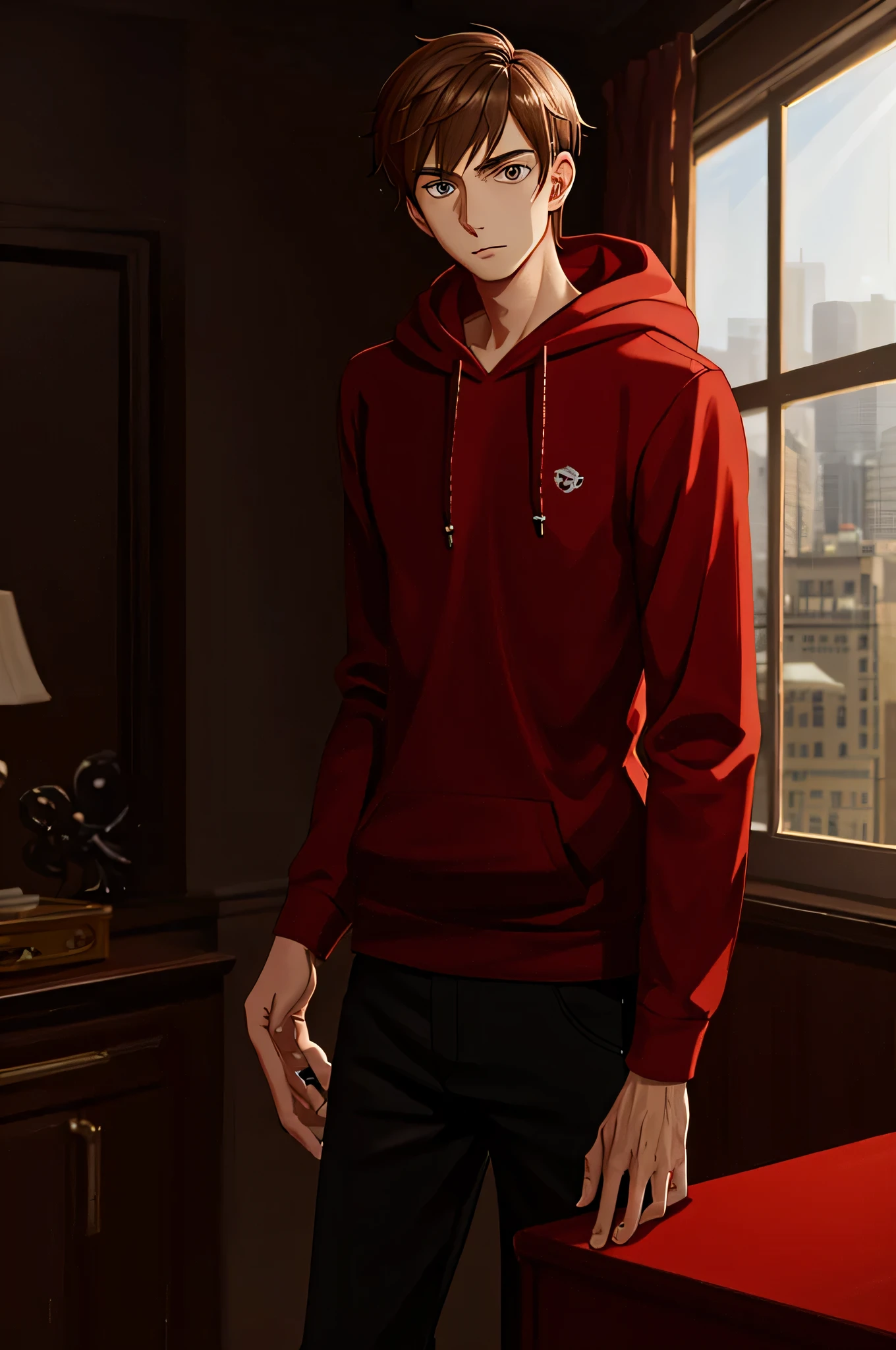 Masterpiece, one guy, solo, an average skinny nerd with brown hair, he'd be wearing a red hoodie and black sports shorts, sitting on his bed with a curious expression, ultra-detailed, high resolution, sharp focus, dynamic light and shadow, realistic, slight sheen of sweat on his forehead, slender frame, brown eyes sparkling with intrigue, neat room in the background.