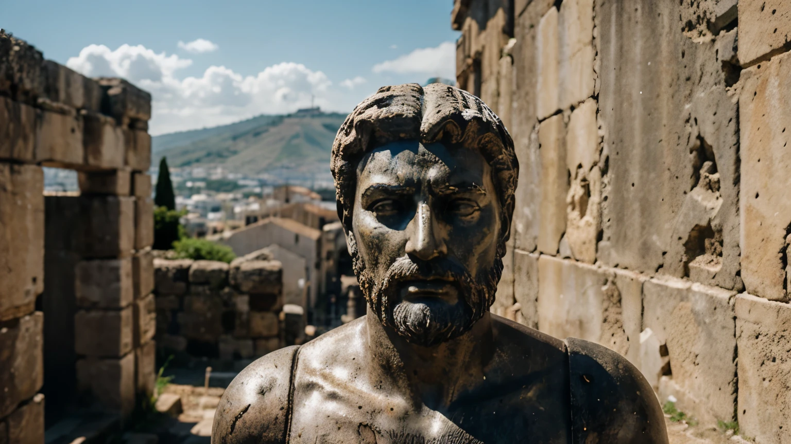 Ancient Stoic Statue With Very Angry Expression, tem barba, muitos detalhes em ambos os olhos, Outside, fundo atenas grego, open sky, com rosto extremamente detalhado full body view, Colors with low saturation with dark tone, Filmado em Sony A7S III com Sony FE 35mm f/1.8, 12.1 MP, --AR 3:2 --estilo cru