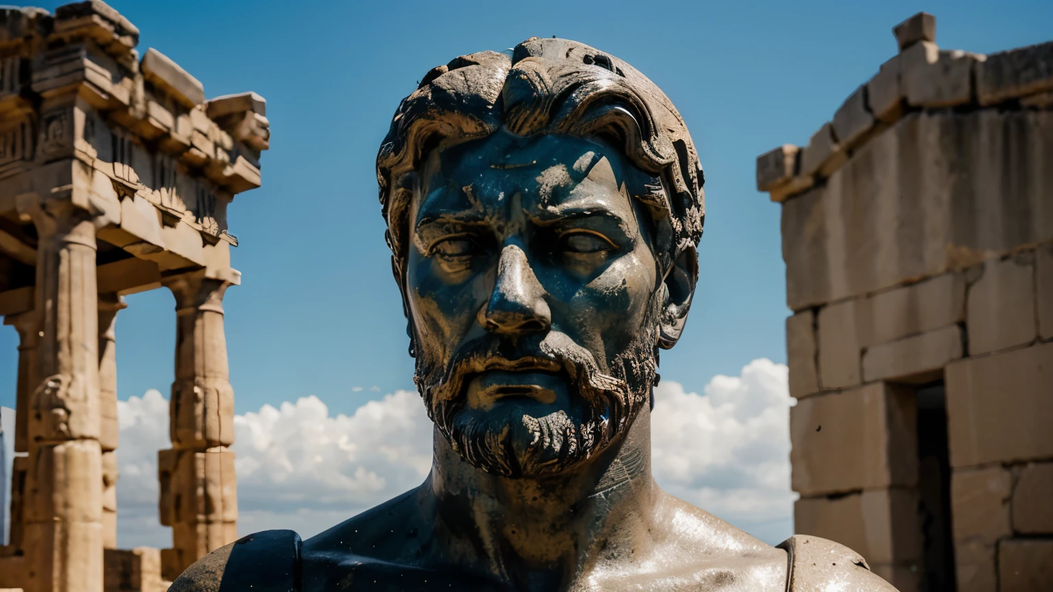 Ancient Stoic Statue With Very Angry Expression, tem barba, muitos detalhes em ambos os olhos, Outside, fundo atenas grego, open sky, com rosto extremamente detalhado full body view, Colors with low saturation with dark tone, Filmado em Sony A7S III com Sony FE 35mm f/1.8, 12.1 MP, --AR 3:2 --estilo cru