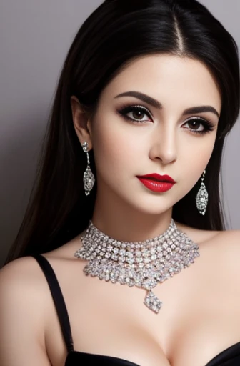 Lebanese woman, diamond dangling earrings, necklace, bracelets, small breasts, 40 years old, smokey eyes, cleavages, red lips, innocent face, black fashion ball gown, stylish hairstyle, posing, modeling,