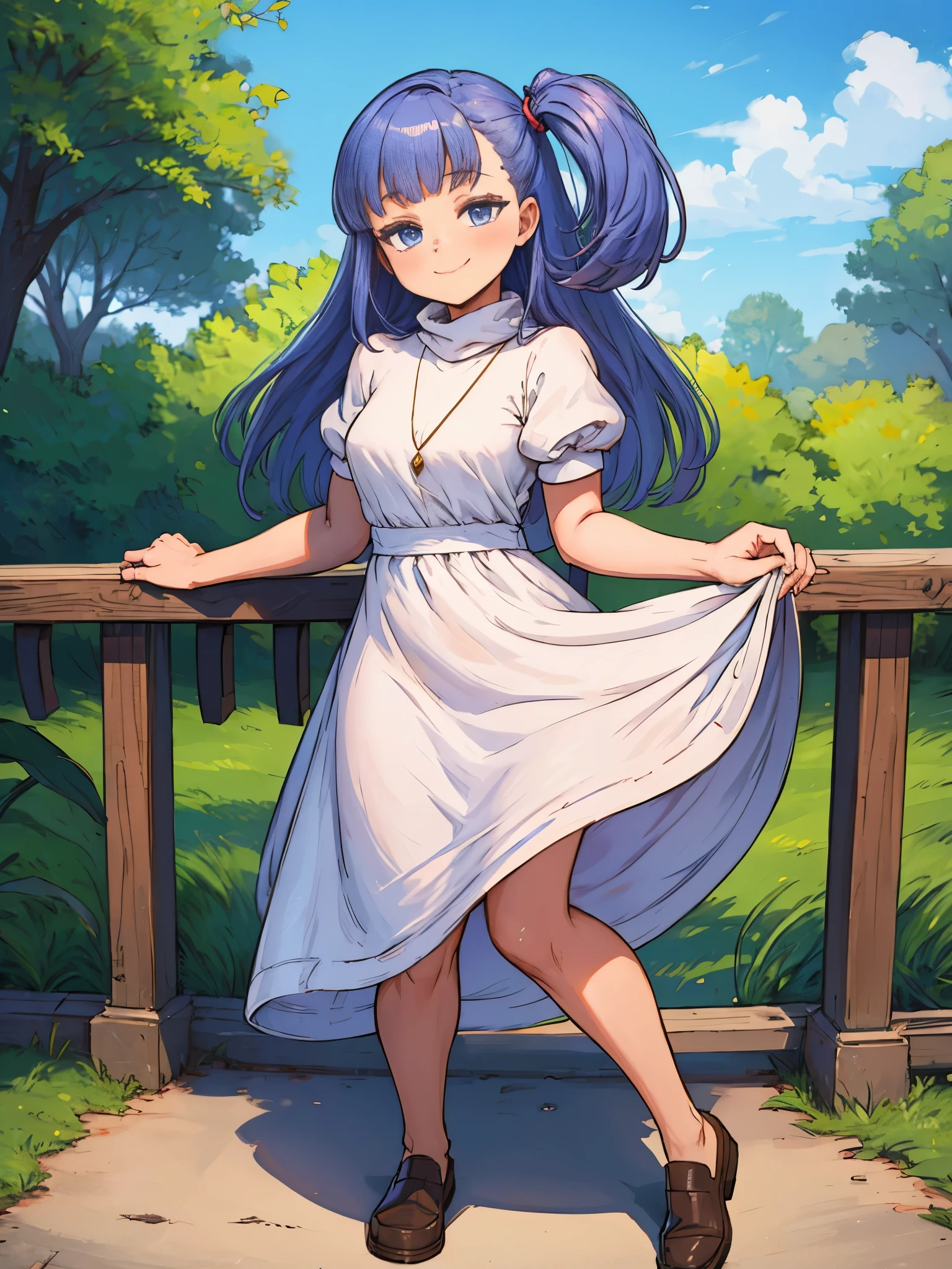 marisha, white robe, short leeves, trutleneck, smile, 1girl, marisha, blunt bangs, ((one side up:1.2)), jewelry, puffy short sleeves, white dress, brown loafers, pendant, turtleneck, no socks, outdoors, smug smile, side ponytail, bratty, , , 