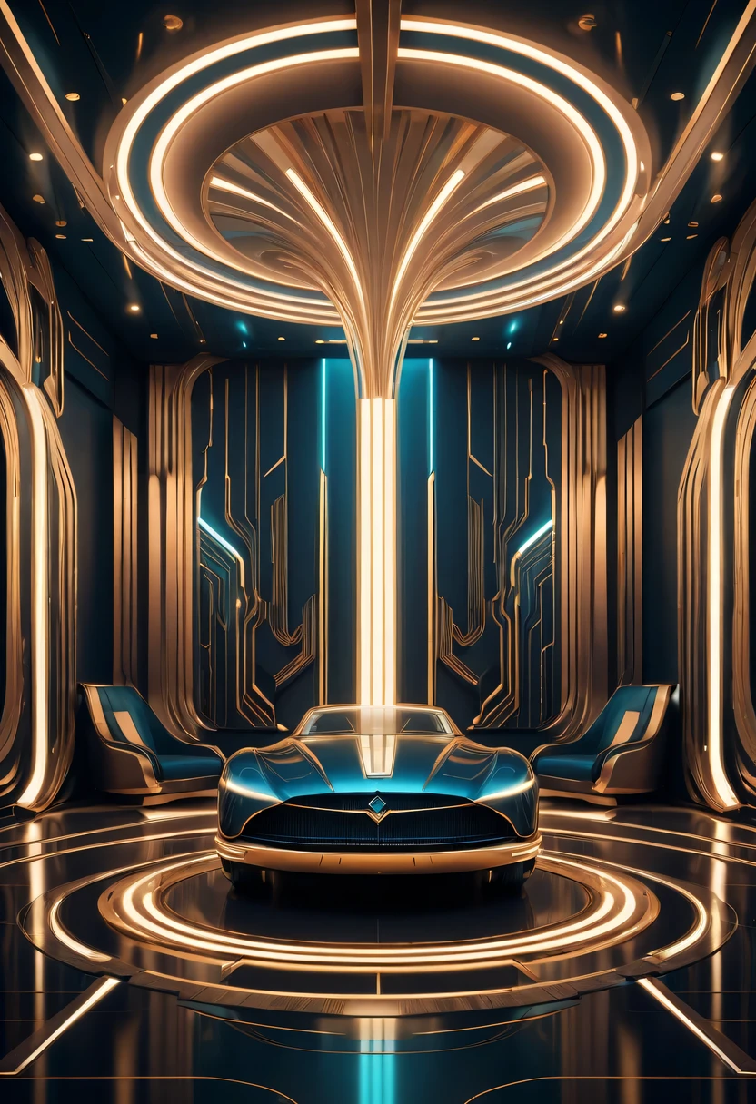 art deco design, futuristic room,Abstraction,modern style,Luxury and Luxury,Futuristic decorative elements,Metallic,number line,sci-fi lamp,Virtual Engine,rendering