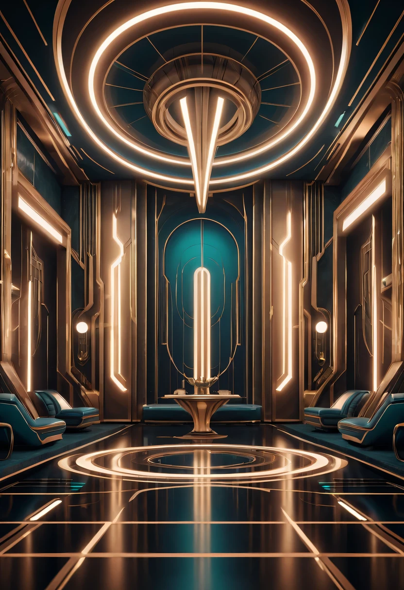 art deco design， futuristic room,Abstraction，modern style，Luxury and Luxury，Futuristic decorative elements，Metallic，number line，sci-fi lamp，Virtual Engine，rendering