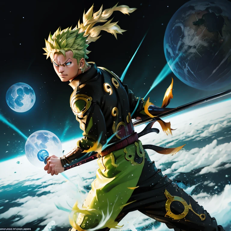 (Masterpiece, 4k, 8K, Best Quality:1.2), Zoro from One Piece, fused with Goku, wearing the Naruto Six Paths suit.

Zoro, with his iconic three-sword technique, stands tall with a determined expression. His body, now merged with Goku's, wears the majestic Naruto Six Paths suit. The golden armor covers his muscular build, and the Rinnegan glows with intense power. The fusion brings out the best of both characters - Zoro's fighting spirit and Goku's limitless energy.

A scene from a breathtaking battle, the fusion of Zoro and G