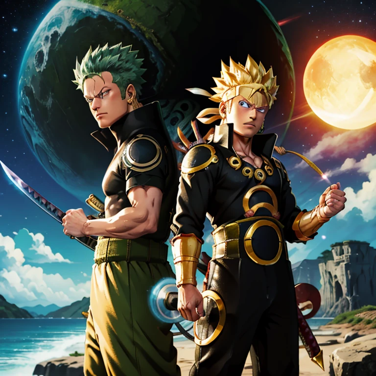 (Masterpiece, 4k, 8K, Best Quality:1.2), Zoro from One Piece, fused with Goku, wearing the Naruto Six Paths suit.

Zoro, with his iconic three-sword technique, stands tall with a determined expression. His body, now merged with Goku's, wears the majestic Naruto Six Paths suit. The golden armor covers his muscular build, and the Rinnegan glows with intense power. The fusion brings out the best of both characters - Zoro's fighting spirit and Goku's limitless energy.

A scene from a breathtaking battle, the fusion of Zoro and G