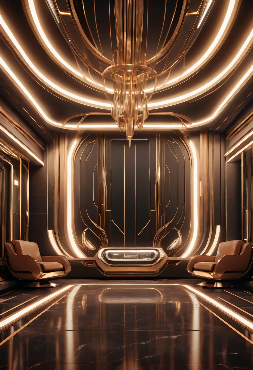 art deco design， futuristic room,Abstraction，modern style，Luxury and Luxury，Futuristic decorative elements，Metallic，number line，sci-fi lamp，Virtual Engine，rendering